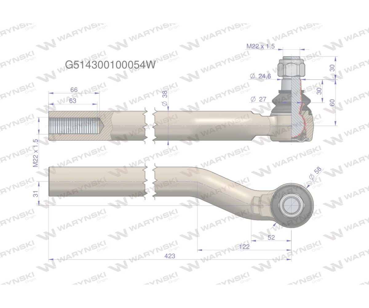 Przegub kierowniczy prawy M22x1.5 G514300100054 WARYŃSKI