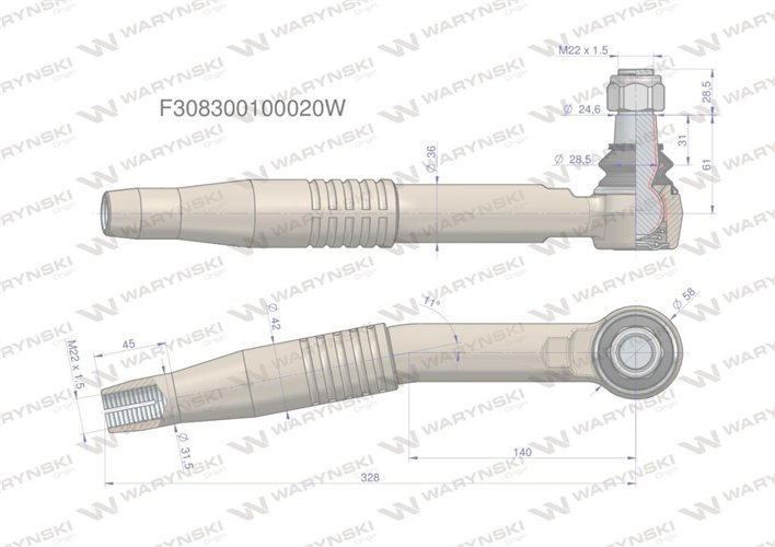 Przegub kierowniczy prawy M22x1.5 F308300100020 WARYŃSKI