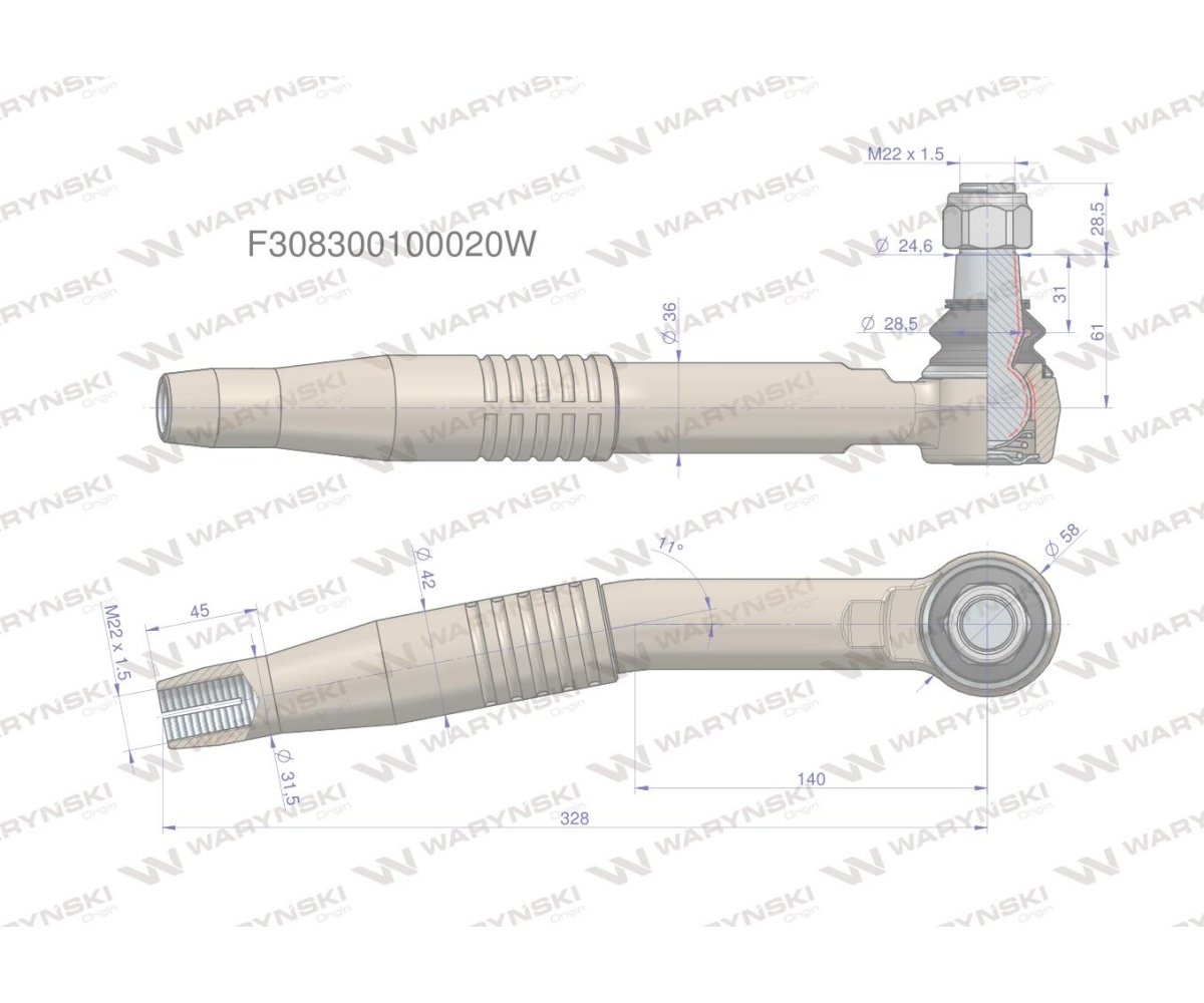 Przegub kierowniczy prawy M22x1.5 F308300100020 WARYŃSKI