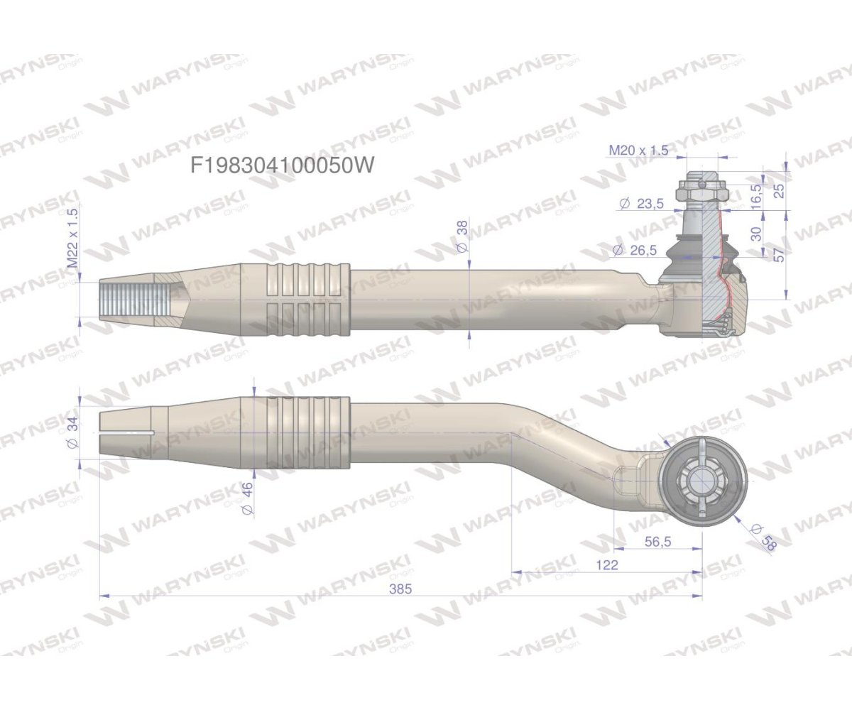 Przegub kierowniczy prawy M22x1.5 F1983041000500 WARYŃSKI