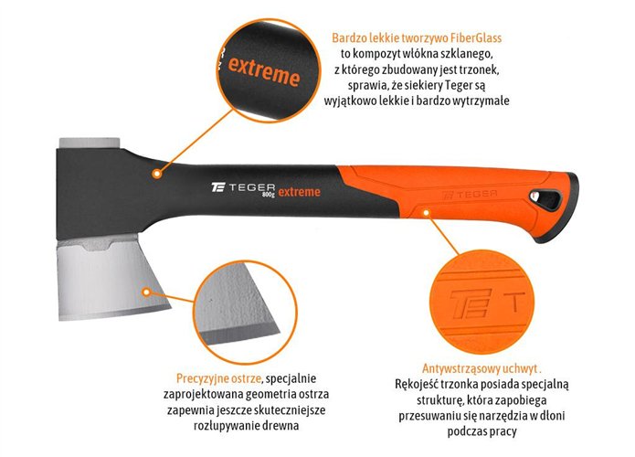 Siekiera uniwersalna z trzonkiem fiberglass 800g Extreme / TEGER