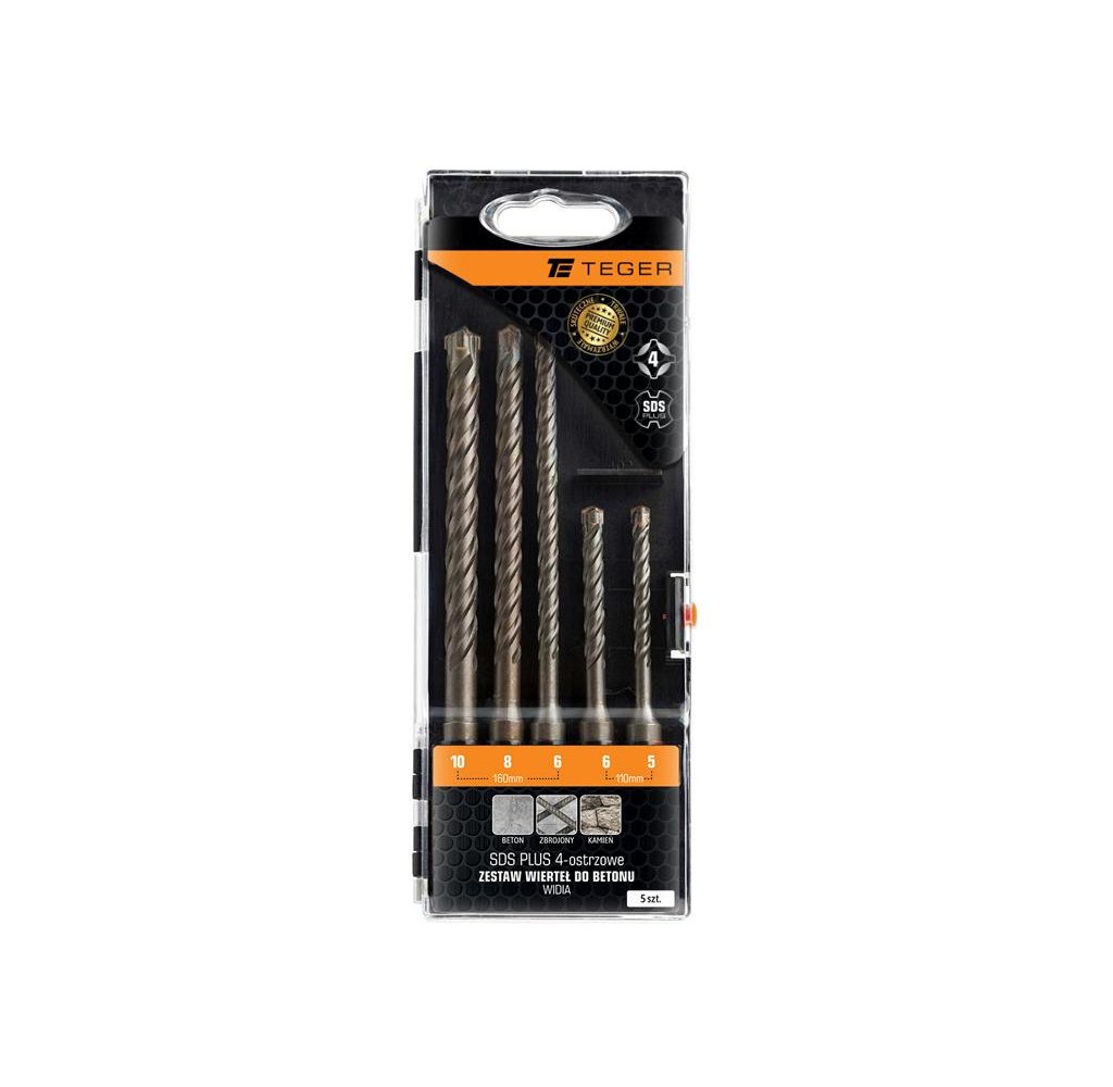 Zestaw wierteł do betonu - widia SDS PLUS 4-ostrzowe (5 SZT.) / TEGER