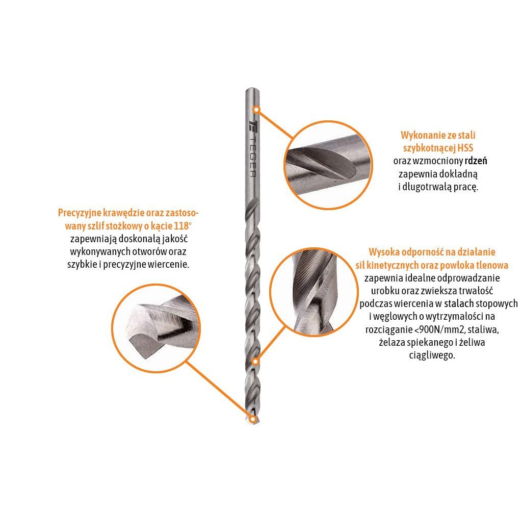 Wiertło do metalu HSS - przedłużane (DIN 340) 8.0/165 mm / TEGER