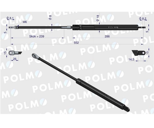 Siłownik szyby przedniej tylnej L max. 552mm 1427130M92P MASSEY FERGUSON POLMO