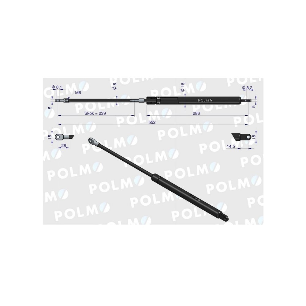 Siłownik szyby przedniej tylnej L max. 552mm 1427130M92P MASSEY FERGUSON POLMO