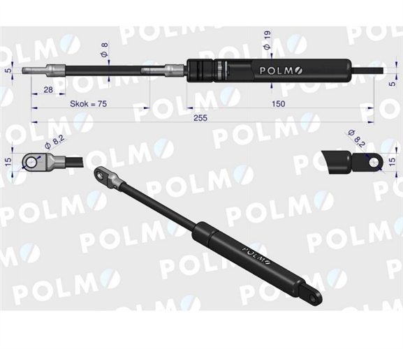 Siłownik szyby przedniej Szyberdachu L max. 255mm 1427157M90P 1427157M91 MASSEY FERGUSON SAME LANDINI POLMO