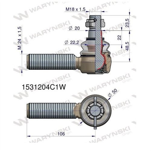 Przegub kierowniczy 106mm- M24x1,5 1531204C1 WARYŃSKI