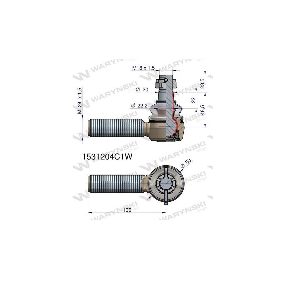 Przegub kierowniczy 106mm- M24x1,5 1531204C1 WARYŃSKI