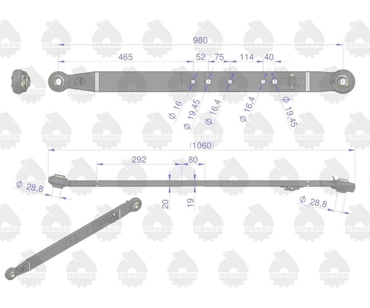Cięgło dźwignia dolna (L-980mm) MF-255, 3512, 3514 MF3 ORYGINAŁ URSUS