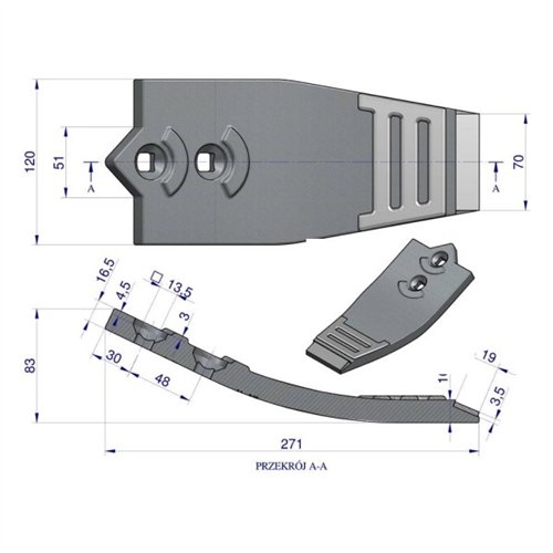 Dziób dwuotworowy agregatu podorywkowego zastosowanie Ap/701 Kos Unia stal borowa z węglikiem II gat.
