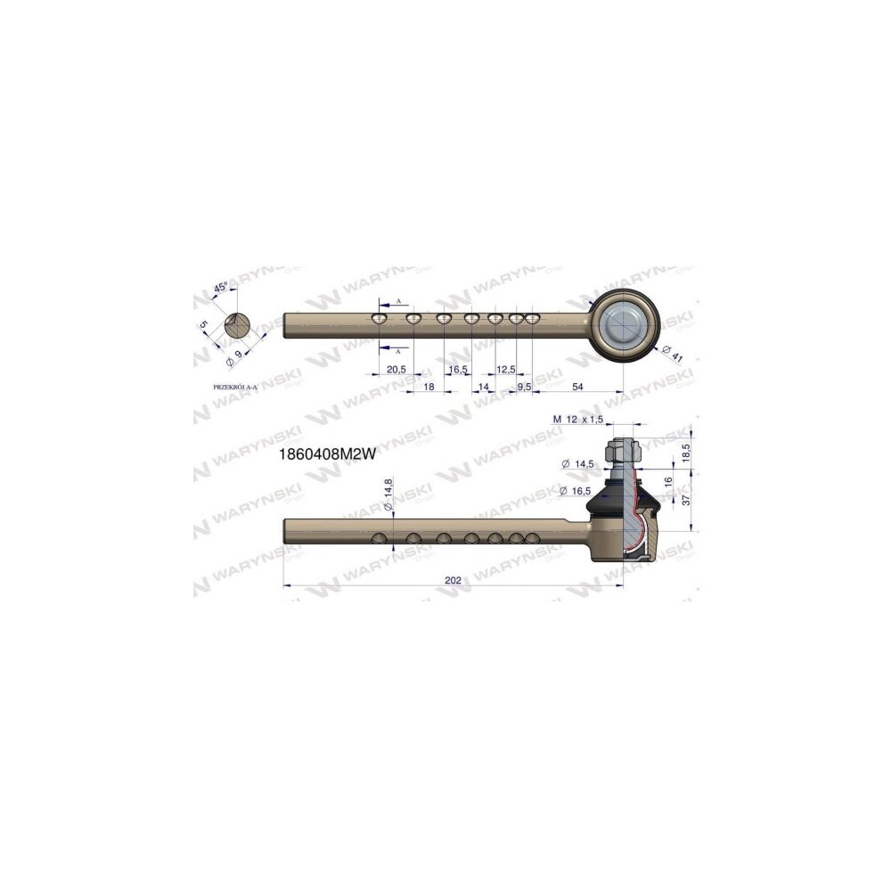 Przegub kierowniczy 202mm 1860408M2 WARYŃSKI