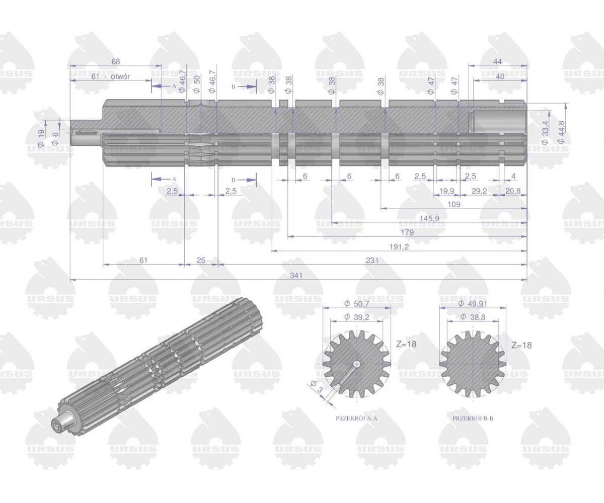 Wałek główny skrzyni 1870151M1 . 1866560M91. 1867990M1. 18701 Z-18 MF3 MF4 ORYGINAŁ URSUS