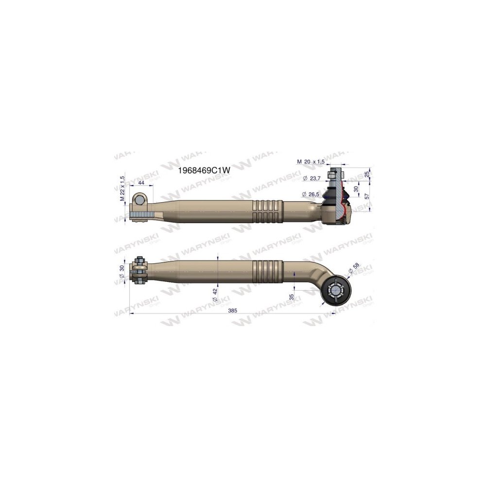 Przegub kierowniczy lewy 385mm- M22x1,5 1968469C1 WARYŃSKI