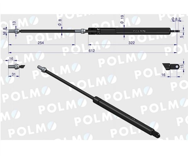 Siłownik szyby tylnej L max. 615mm 65421001 1-99-976-005 STEYR POLMO