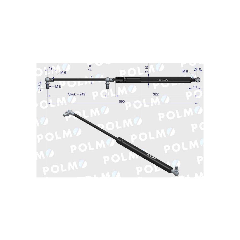 Siłownik szyba przednia L max. 590mm 199976077P CASE IH STEYR POLMO