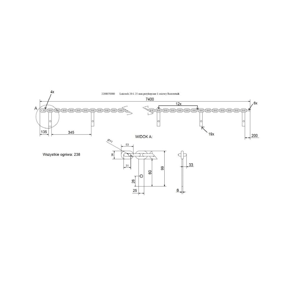 Łańcuch 20-l. 25 mm przykręcane 1 osiowy Rozrzutnik