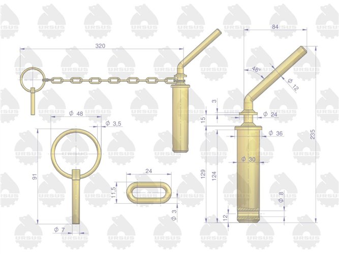 Sworzeń zaczepu górnego długi 3027005M91 C-330 ORYGINAŁ URSUS