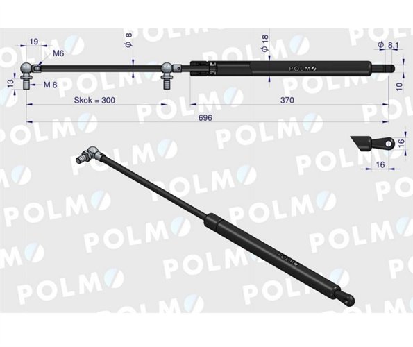 Siłownik szyby przedniej L max. 696mm 222114A0P CASE IH POLMO