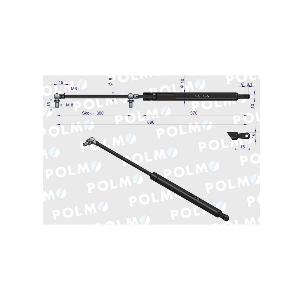 Siłownik szyby przedniej L max. 696mm 222114A0P CASE IH POLMO