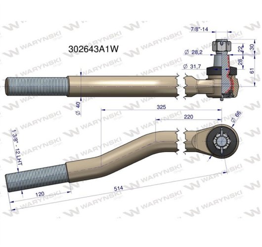 Przegub kierowniczy lewy 514mm- 1 3/8" 302643A1 WARYŃSKI
