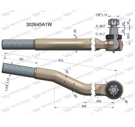 Przegub kierowniczy prawy 1.3/8' 302645A1 WARYŃSKI