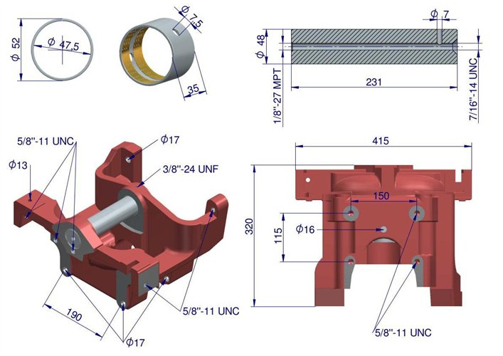Wspornik osi przedniej bez tulejek 3128585M91,1670974M MF3