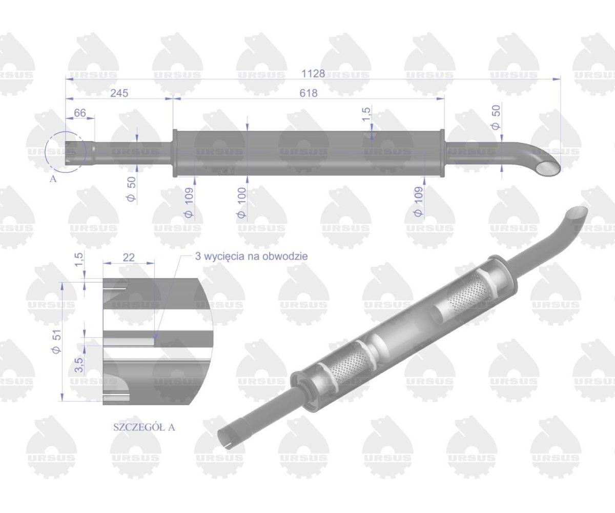 Tłumik 1128mm 3029104M1 4.8kg MF3 C-3603P EMALIA ORYGINAŁ URSUS