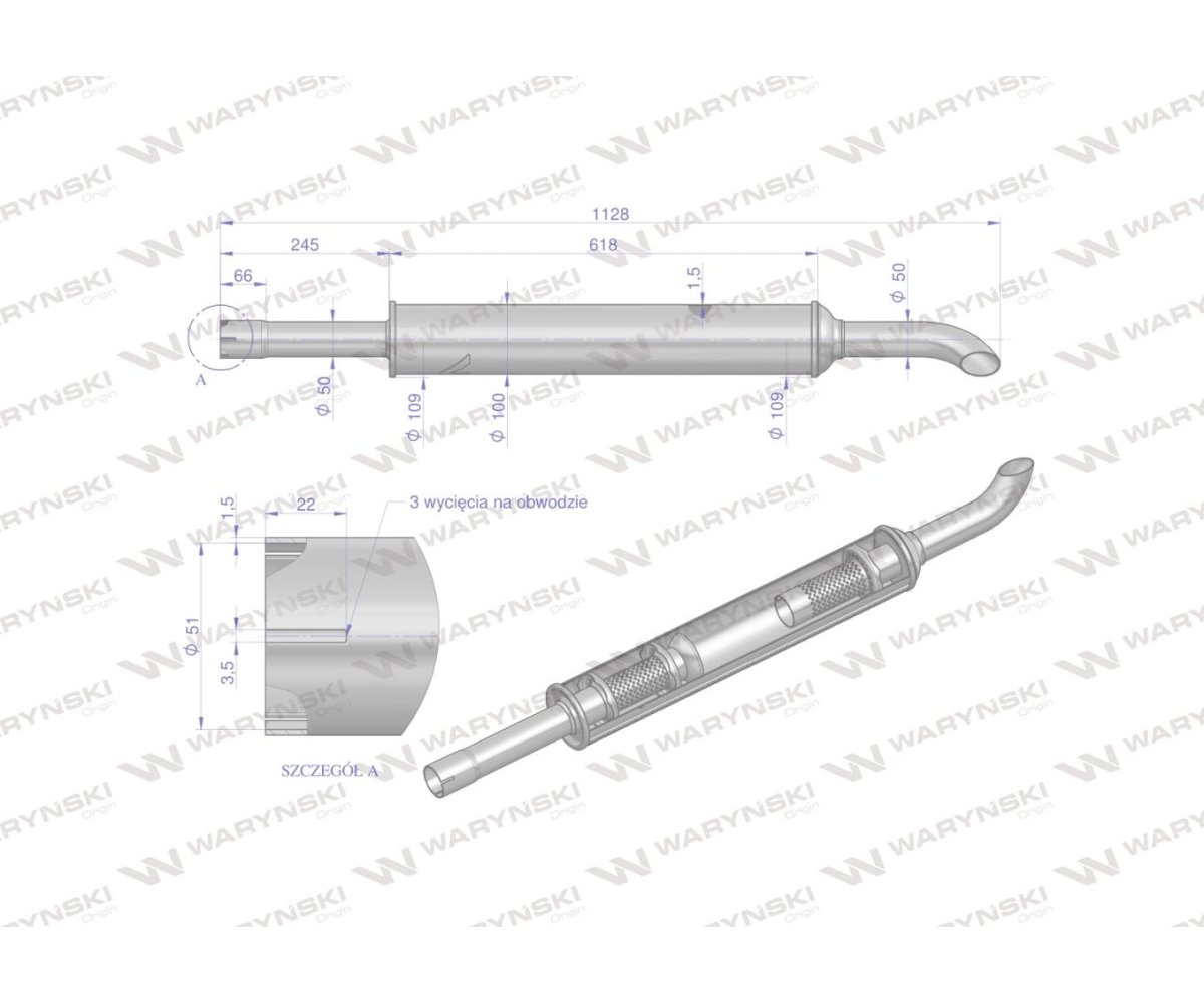 Tłumik 1128mm 3029104M1 4.8kg MF3 C-3603P INOX WARYŃSKI