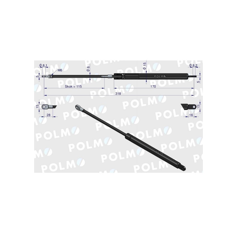 Siłownik drzwi L max. 318mm 65415026 MASSEY FERGUSON POLMO