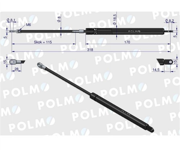 Siłownik drzwi L max. 318mm 3103957M1P MASSEY FERGUSON MAUSER POLMO