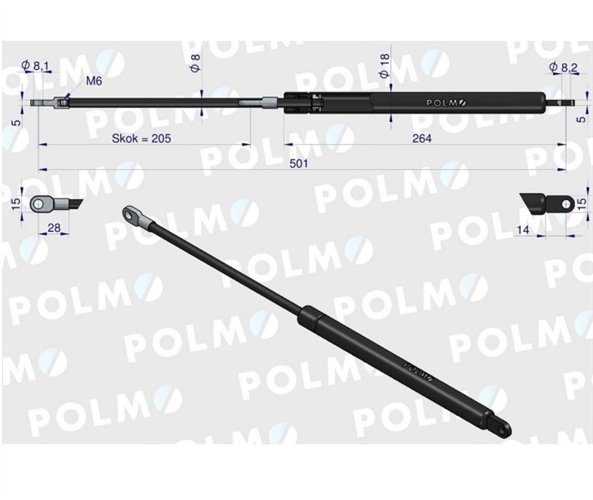 Siłownik szyby tylnej L max. 501mm 3148826R1P CASE IH POLMO