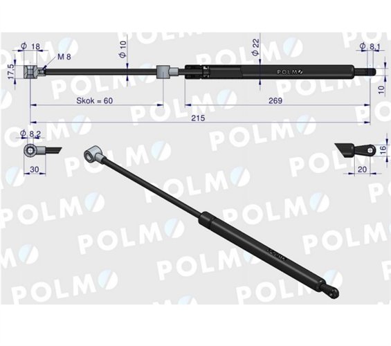Siłownik szyby przedniej L max. 215mm 65499068 DIETEG POLMO