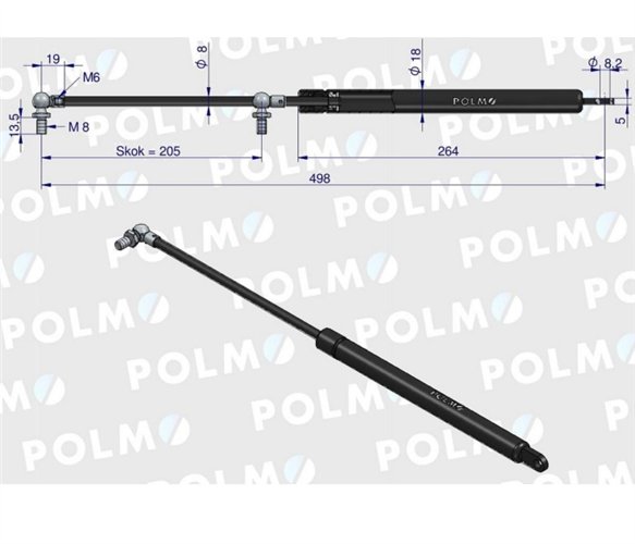 Siłownik tylnej szyby drzwi L max. 498mm 3221531R0P JOHN DEERE CASE IH POLMO