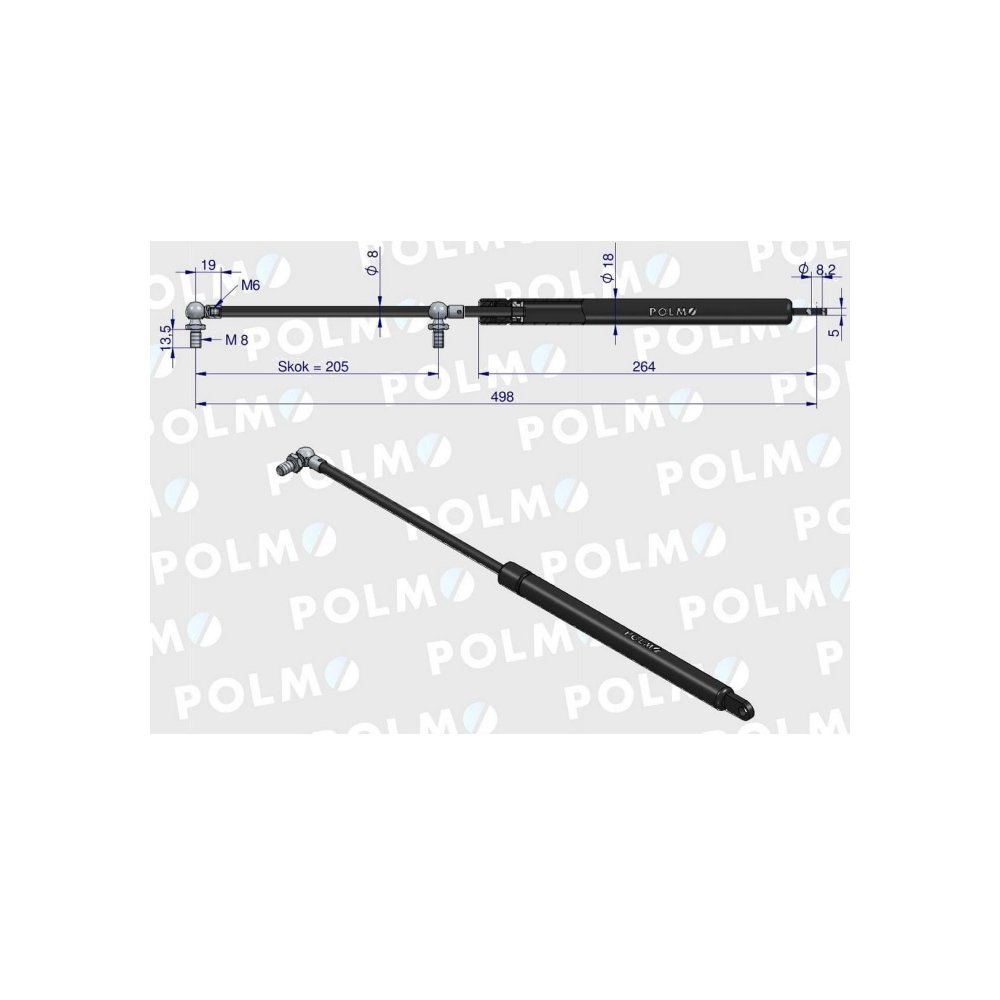 Siłownik tylnej szyby drzwi L max. 498mm 3221531R0P JOHN DEERE CASE IH POLMO