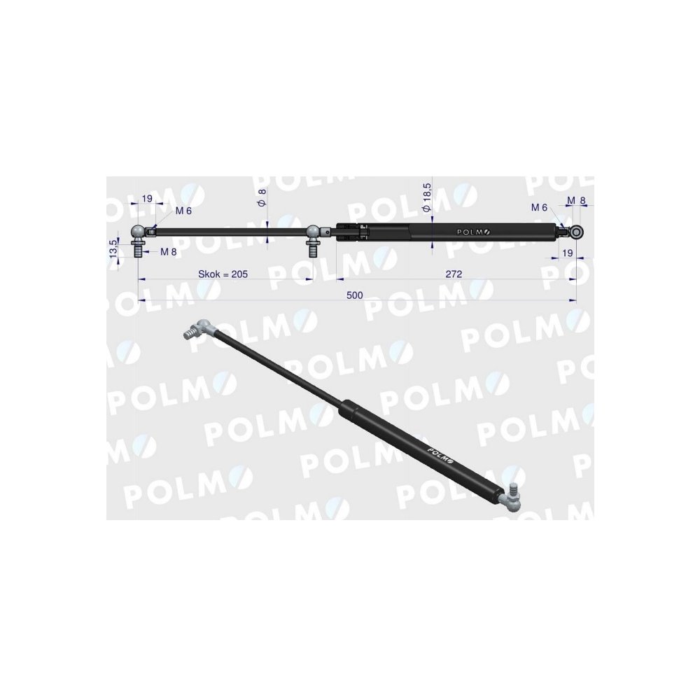 Siłownik szyby tylnej L max. 500mm 3384671M1P MASSEY FERGUSON LANDINI POLMO