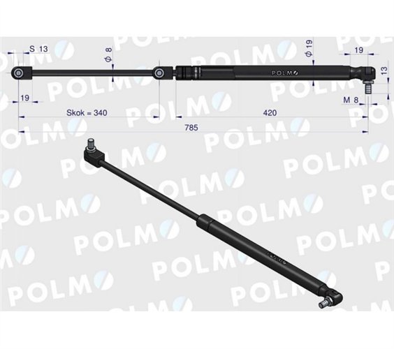 Siłownik tylnej szyby L max. 785mm 3389556M1P MASSEY FERGUSON POLMO