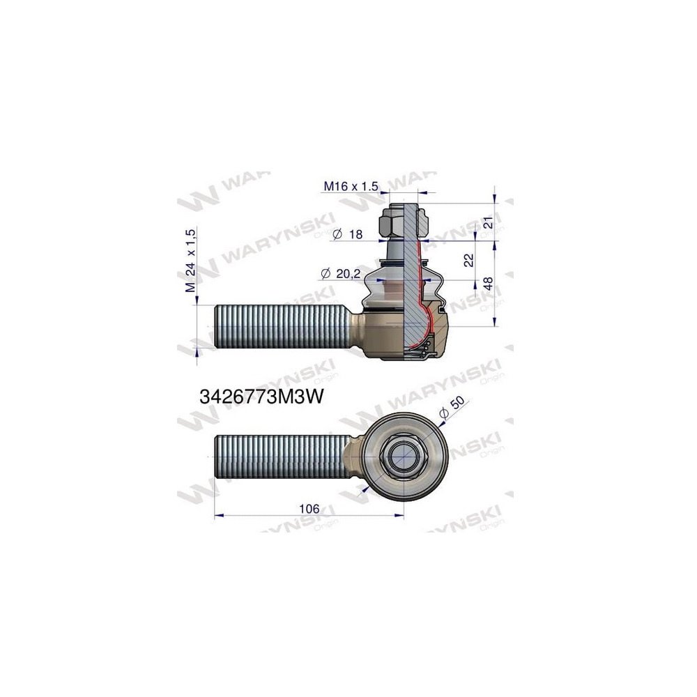 Przegub kierowniczy 106mm- M24x1,5 3426773M3, 3223997R1 WARYŃSKI