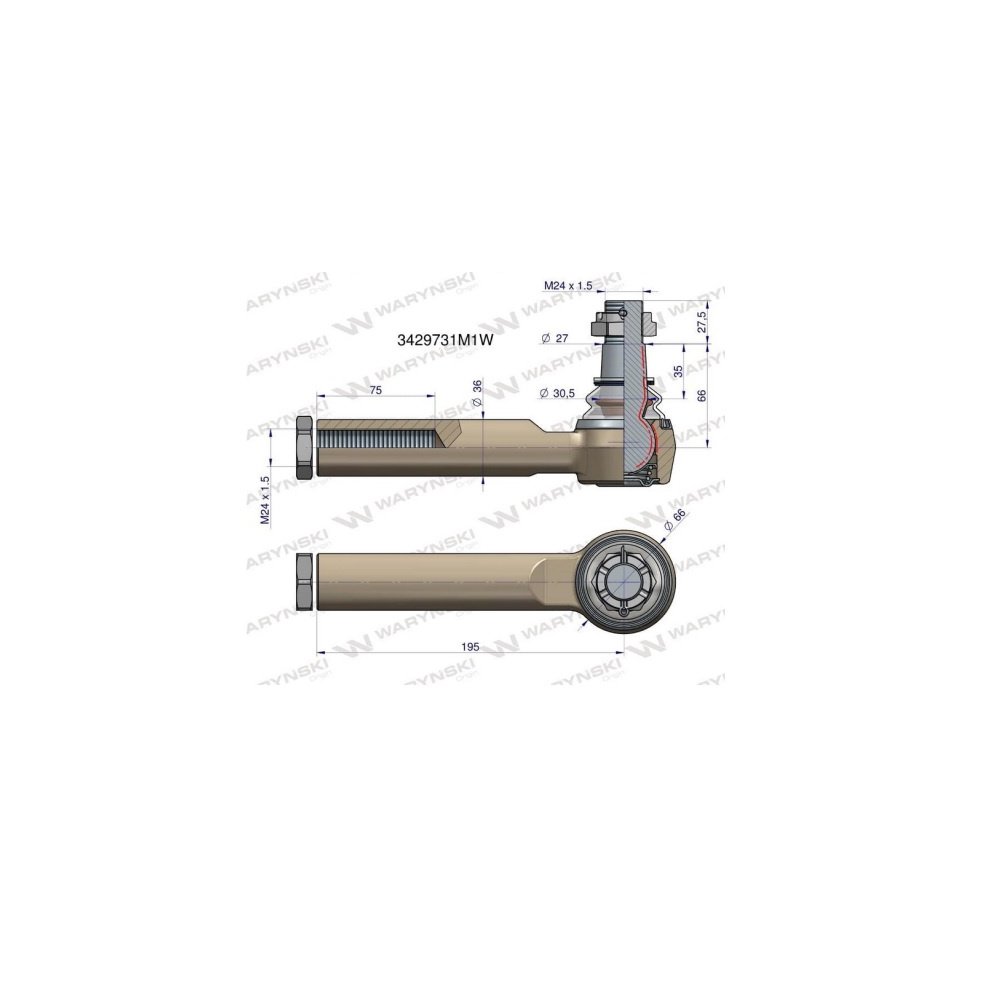 Przegub kierowniczy 195mm- M24x1,5 3429731M1 WARYŃSKI