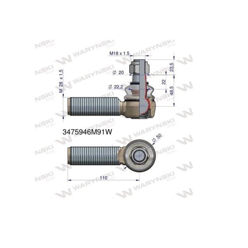 Przegub kierowniczy 110mm- M28x1,5 3475946M91 WARYŃSKI