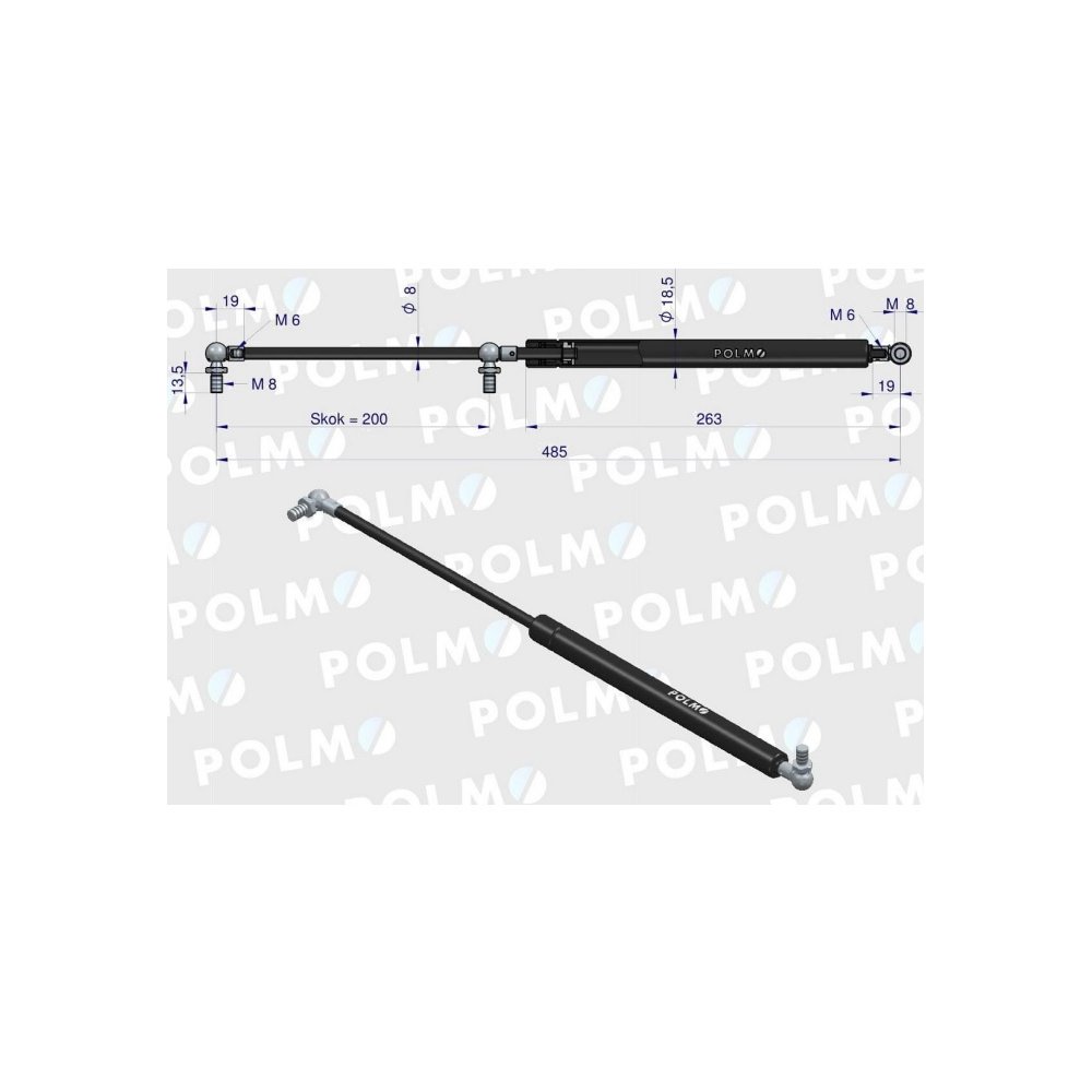 Siłownik szyby przedniej tylnej drzwi L max. 485mm 3804759M1P MASSEY FERGUSON POLMO