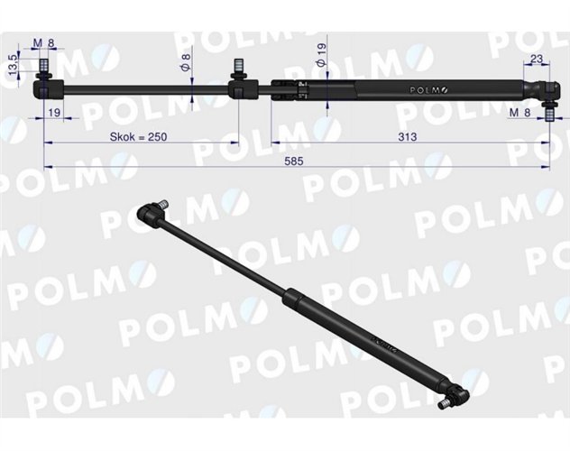 Siłownik szyby tylnej L max. 585mm 65417037 MASSEY FERGUSON POLMO