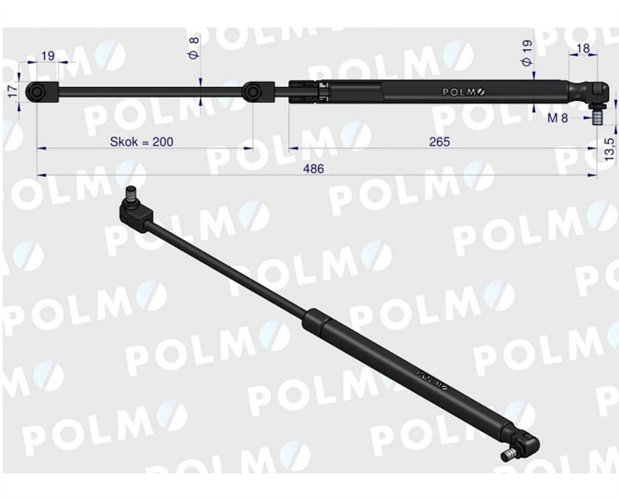 Siłownik szyby przedniej tylnej drzwi L max. 486mm 3904695M1P MASSEY FERGUSON POLMO