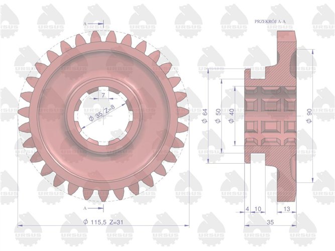 Koło zębate przesuwne napędu pompy hydraulicznej C-330 ORYGINAŁ URSUS