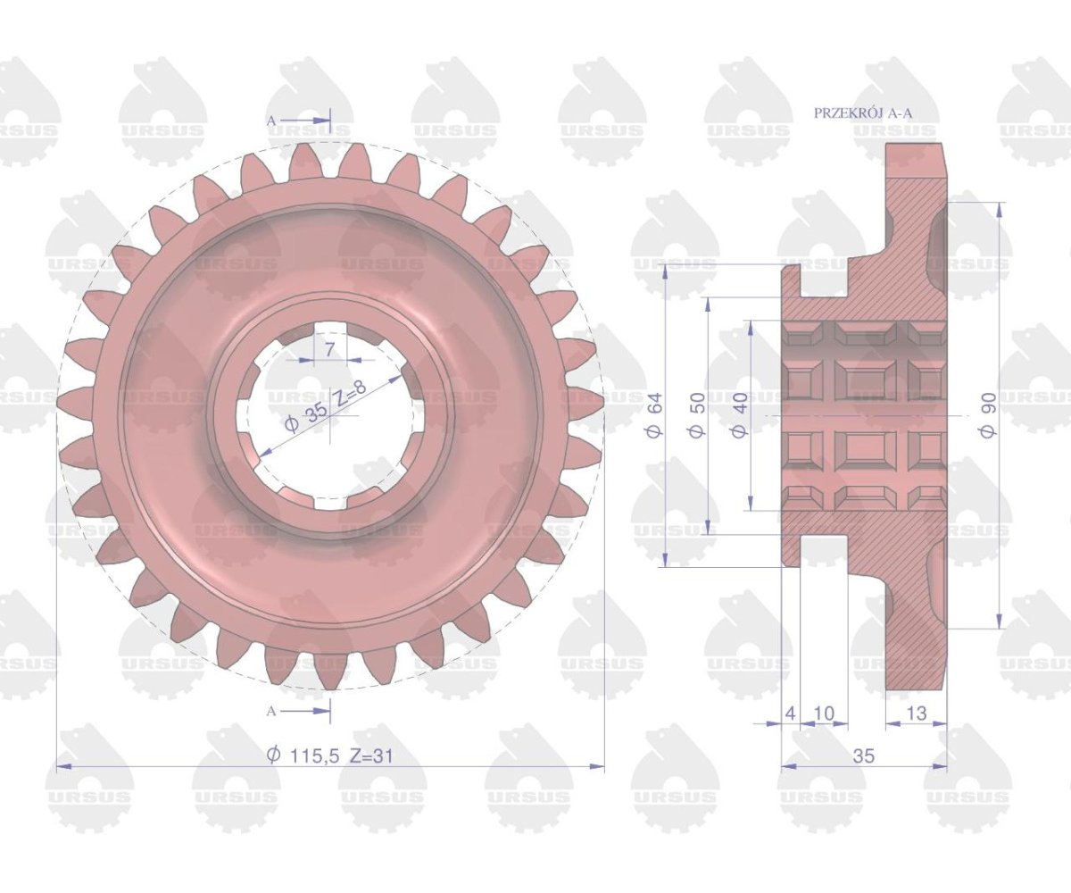 Koło zębate przesuwne napędu pompy hydraulicznej C-330 ORYGINAŁ URSUS