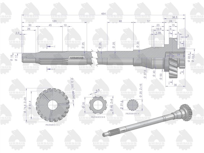 Wałek napędowy skrzyni biegów sprzęgła I stopnia st. typ C-330 ORYGINAŁ URSUS