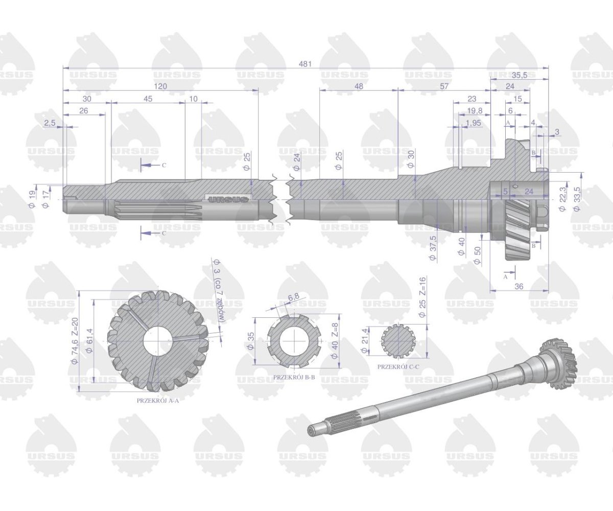 Wałek napędowy skrzyni biegów sprzęgła I stopnia n. typ C-330 ORYGINAŁ URSUS