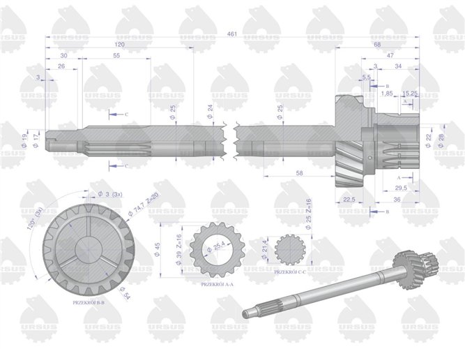 Wałek sprzęgłowy skrzyni biegów I stopnia C-330M ORYGINAŁ URSUS