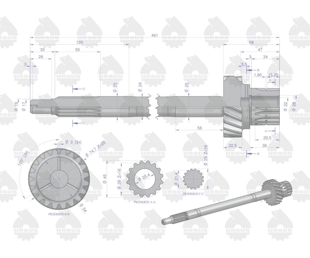 Wałek sprzęgłowy skrzyni biegów I stopnia C-330M ORYGINAŁ URSUS