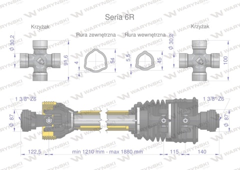 Wał przegubowo-teleskopowy 1210-1880mm 830Nm szerokokątny CE 2020 seria 6R Waryński Wał przegubowo-teleskopowy 1210-1880mm 830Nm szerokokątny CE 2020 seria 6R Waryński
