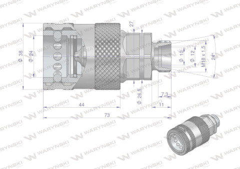 Szybkozłącze hydrauliczne gniazdo z eliminatorem ciśnienia M18x1.5 gwint zew. EURO PUSH-PULL (9100818G) (ISO 7241-A) Waryński Szybkozłącze hydrauliczne gniazdo z eliminatorem ciśnienia M18x1.5 gwint zew. EURO PUSH-PULL (9100818G) (ISO 7241-A) Waryński